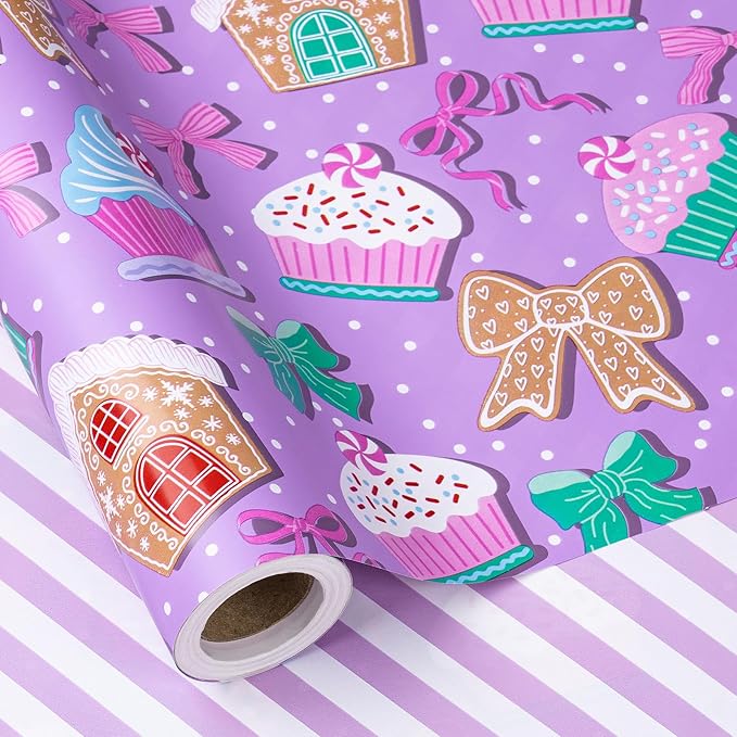 RUSPEPA Christmas Reversible Wrapping Paper Roll for Kids Girls, Mini Roll, Purple Gingerbread Cookies, Candy Canes and White Purple Stripes Ideal for Holiday Gifts, Christmas, 17 Inches x 16.4 Feet