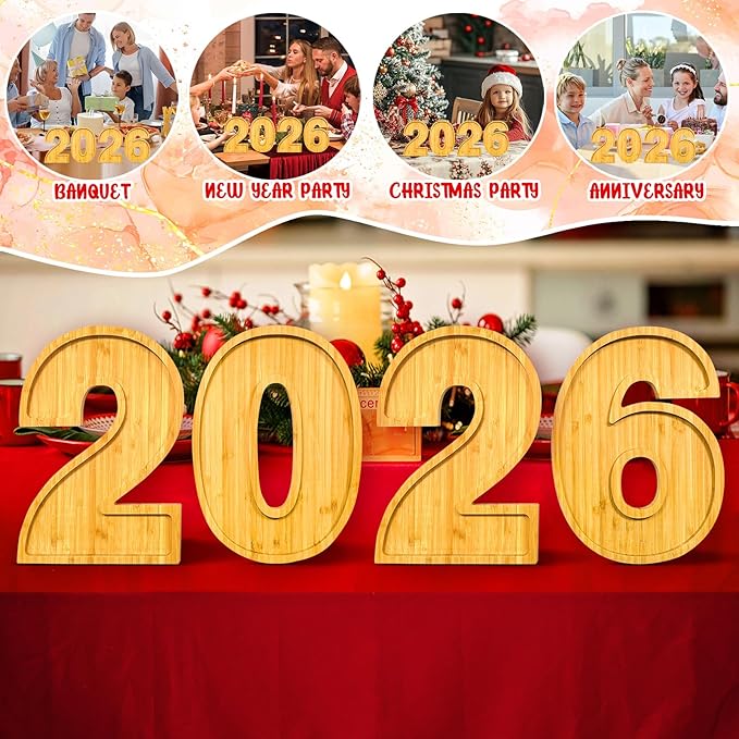 4 PCS 2026 Charcuterie Boards Wooden Numbers Fillable Boxes Reusable Christmas Serving Tray for Party Tabletop Decoration Fruits Platters Dish Plates for Birthday Wedding 2026 New Year Holiday Supply