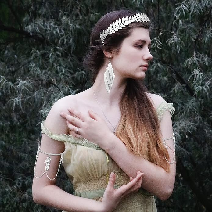 RechicGu 4 Pieces Grecian Goddess Leaf Laurel Costume Accessories Set Roman Toga Party Headband Upper Arm cuff Bracelet Band Earrings Jewelry Women Golden
