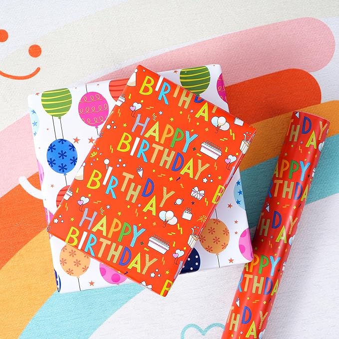 Reversible Birthday Wrapping Paper - Mini Roll - 17 Inches X 33 Feet - for Boys Girls Kids - Happy Birthday Lettering and Colorful Balloons Design for Women Men Baby Shower Holiday