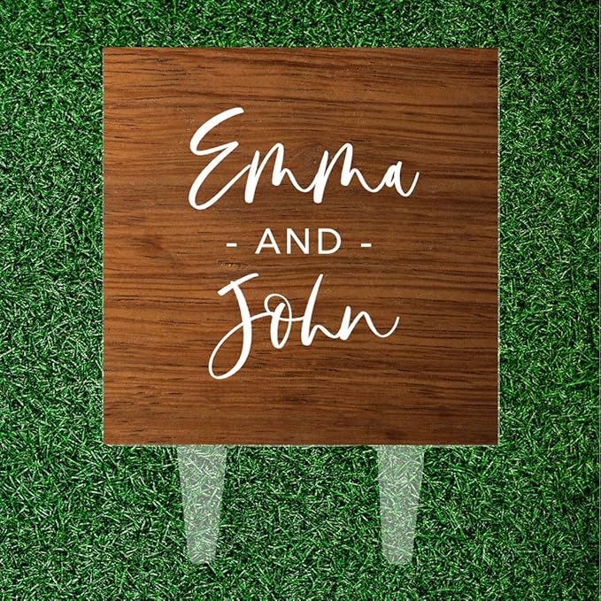 Andaz Press Rustic Wood First Names Custom Wedding Cake Topper, Acrylic Square Personalized Couple Cake Topper