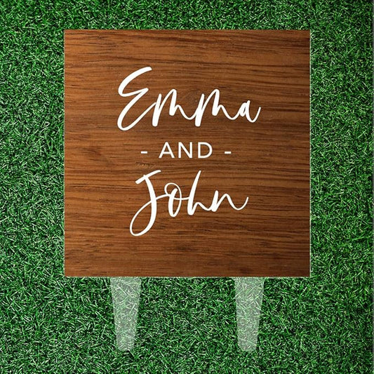 Andaz Press Rustic Wood First Names Custom Wedding Cake Topper, Acrylic Square Personalized Couple Cake Topper