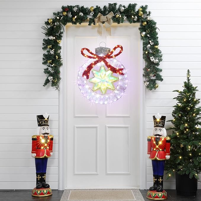 LuxenHome 2FT Lighted Ornament Christmas Outdoor Decorations, Large Light Up Christmas Ornament with Red Bow Yard Decorations Outdoor with 120 LED Lights, Lawn Decor for Xmas, Porch Display