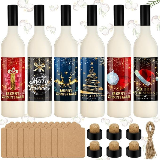 6 Set Coquito Bottles 25 Oz Christmas Glass wine Bottles Brewing Bottles for Homemade Coquito with Christmas Wine Bottle Stickers Airtight Caps for Home Party Milk Eggnog Kefir
