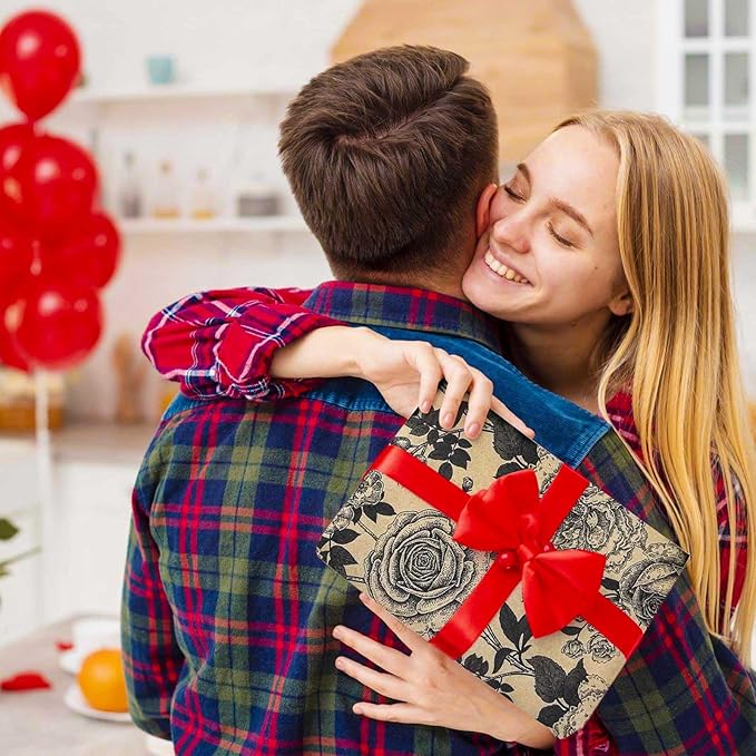 YXTII Wrapping Paper Large Roll, Flower Gift Wrap Paper with Cut Lines for Wedding, Valentines, Christmas, Bridal Shower, Baby Shower, 17 In x 49 Feet