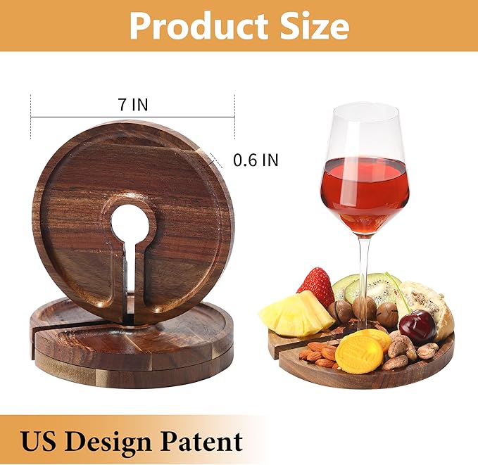 Mini Charcuterie Board with Wine Holder, Wine Glass Charcuterie Topper, Wine Gifts Accessories, Cheese Appetizer Plates for Wine Party Bars Restaurants, 7.1'' Set of 4, Acacia Wood