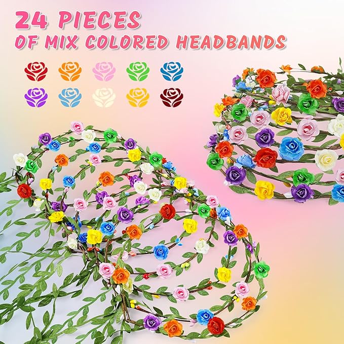 Assorted Colored Flower Crown, Wreath Headband Floral Headpiece Party Festivals, Garland Multicolor Headbands