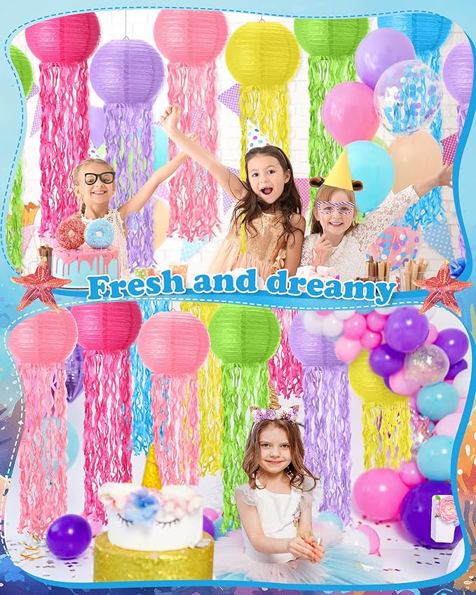 18 Pcs Jellyfish Paper Lanterns Jellyfish Lantern Hanging Decoration Ocean Theme Party Supplies Mermaid Birthday Decorations for Baby Shower Under The Sea Birthday Party Supplies(Fresh Color)