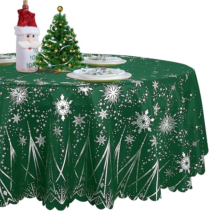 LUSHVIDA Christmas Round Tablecloth, 60 Inch Green (Fits 20-48 Inch Tables) Washable Water Resistance Circle Table Cloth Microfiber Decorative Table Cover for Holiday Banquet Party Kitchen Dining Room