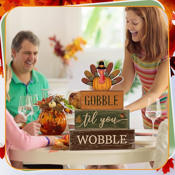 4 Pcs Thanksgiving Decoration for Home Wooden Turkey Decor Thanksgiving Table Decor Fall Tiered Tray Decoration Thanks Giving Centerpiece Rustic Turkey Block Sign for Harvest Party Kitchen