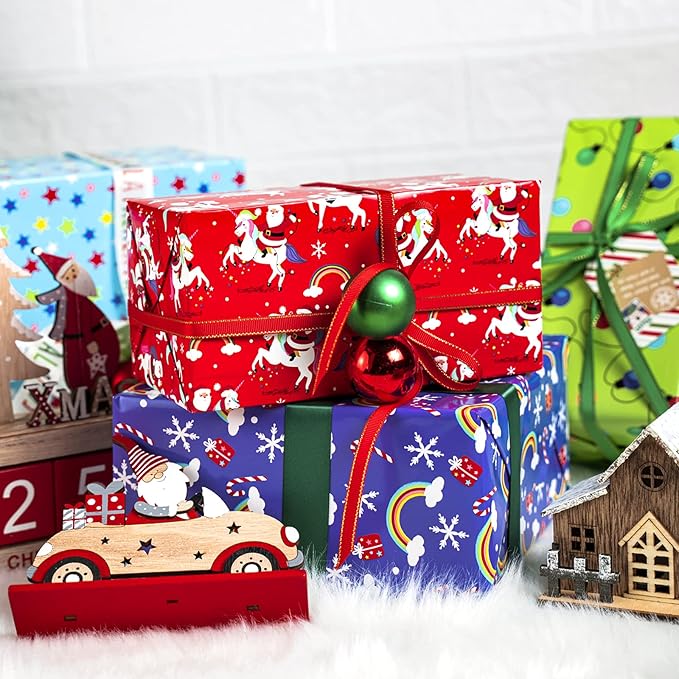 WRAPAHOLIC 30 Inch Jumbo Reversible Unicorn Christmas Wrapping Paper - 30 Inch x 100 Feet Jumbo Roll Red Santa Claus, Unicorn Wrapping Paper and Stripe Design for Holiday, Party