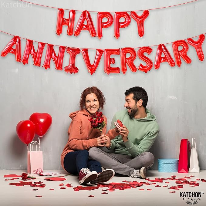 KatchOn, Red 16 Inch Happy Anniversary Balloons | 16 Piece Letter Balloons | Red Anniversary Banner & Backdrop | Self Sealing, Reusable | Ages & Couples