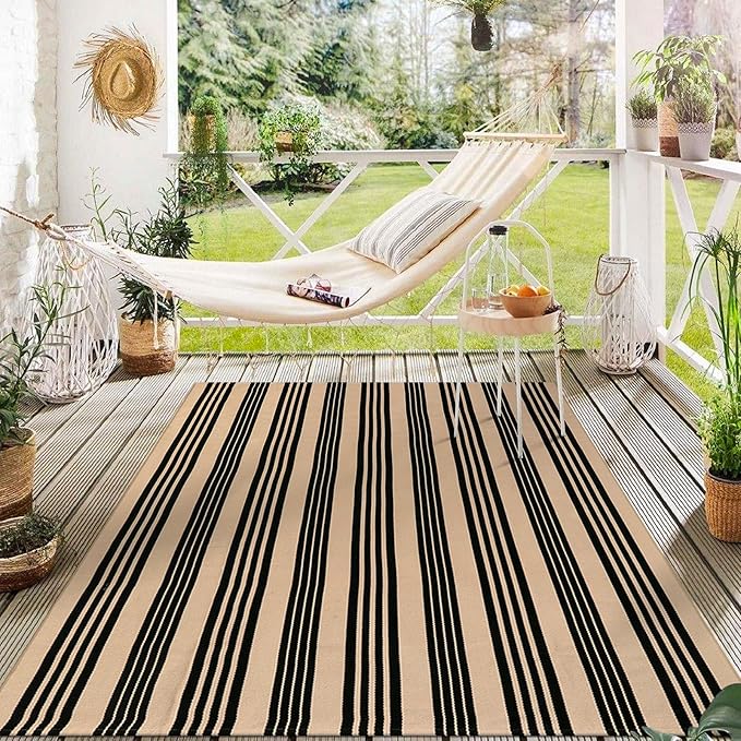 KIMODE Indoor Outdoor Rug 5'x7', Black and Khaki Striped Fall Outdoor Rug, Reversible Washable Large Patio Rugs, Cotton Hand Woven Farmhouse Indoor Area Rug Floor Carpet for Backyard Living Room
