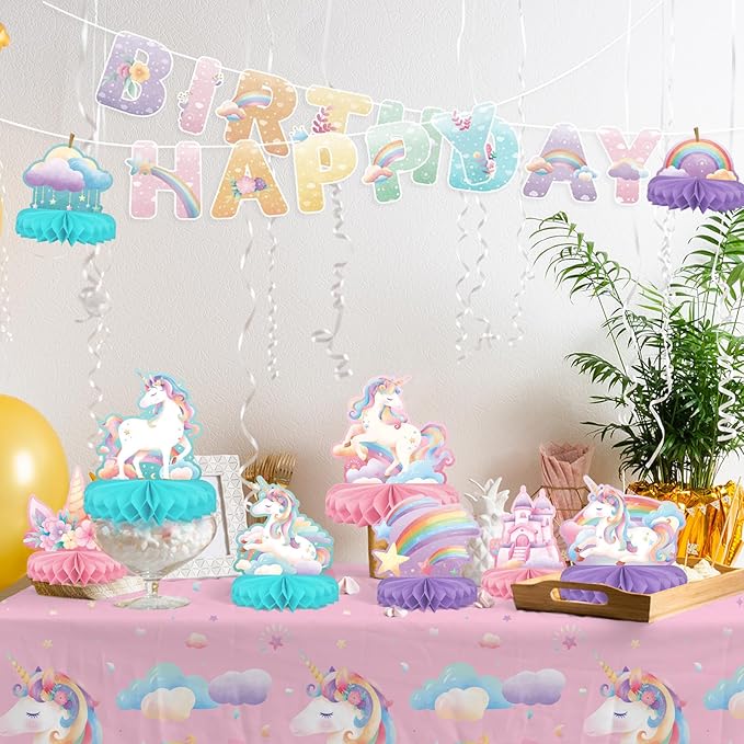 Unicorn Birthday Party Supplies Set - Rainbow Table Decorations with Honeycomb Centerpiece for Unicorn Party Decorations