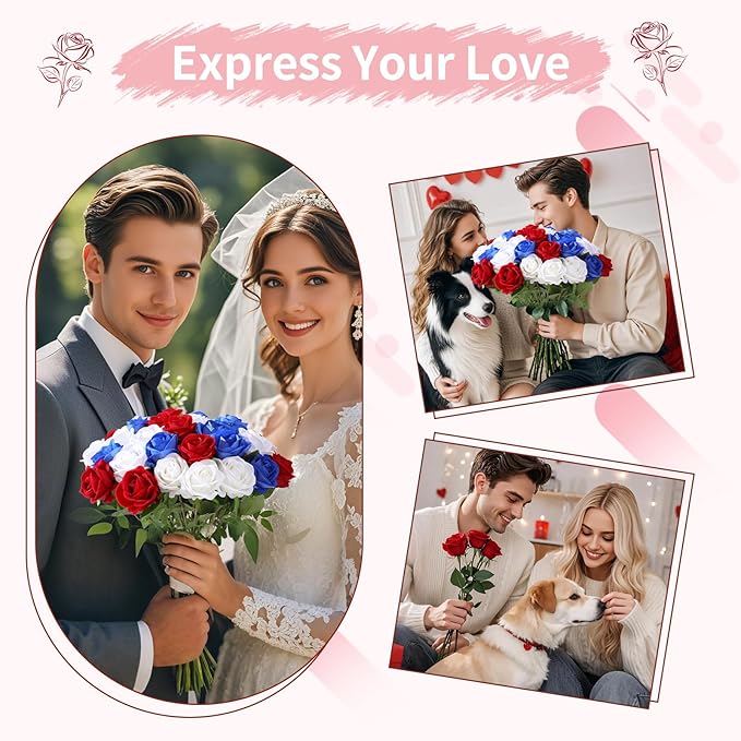 52 PCS Mixed Artificial Roses Bulk, Fake Artificial Flowers Bridal Bouquet Silk Faux Rose with Stems for Wedding Flowers Decoration, Valentine's Day, Bridal Bouquet, Anniversary, Home Decor (52PCS)