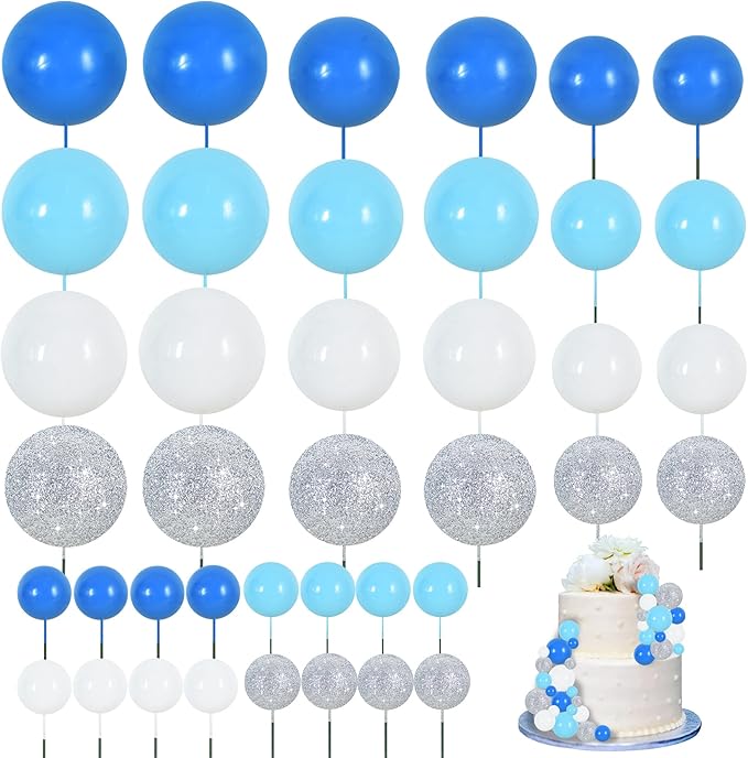 BEISHIDA 40 Pcs Foam Ball Cake Toppers with Sticks Mini Cake Decorations for Birthdays, Boys Party, Baby Showers, DIY Baking Supplies, Winter Party (Blue，White，Silver)
