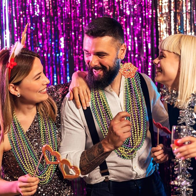 SHAOQINLIN Mardi Gras Beads, 24Pcs Mardi Gras Beads Necklaces 33'' 7 mm Metallic Gold Green Purple Bead Necklaces Mardi Gras Decorations for Mardi Gras, Christmas, Party Favors