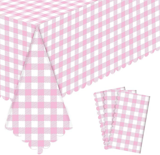 3 Pack Pink Gingham Tablecloths, 54 X 108Inch Disposable Party Table Covers Scalloped Pink Checkered Table Cloth Waterproof Pink White Tablecloth for Picnic Birthday Barbecue Tea Party Wedding