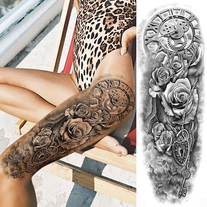 20 Sheets Sexy Rose Flower Full Arm Temporary Tattoos For Women Adults Thigh, Black Tribal Eye Gear Peony Florals Eye Compass Clock Fake Sleeve Tattoos For Women, 3D Halloween Tattoo Stickers
