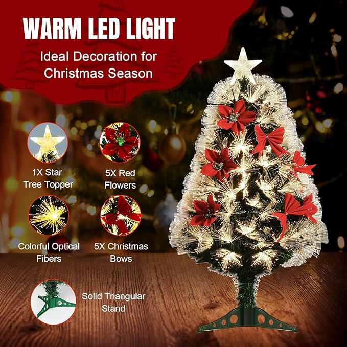Joyhalo 3 FT Fiber Optic Mini Christmas Tree, Pre Lit Christmas Tree, Table Top Small Christmas Trees with Star Tree Topper，Flowers, Bows, Metal Stand