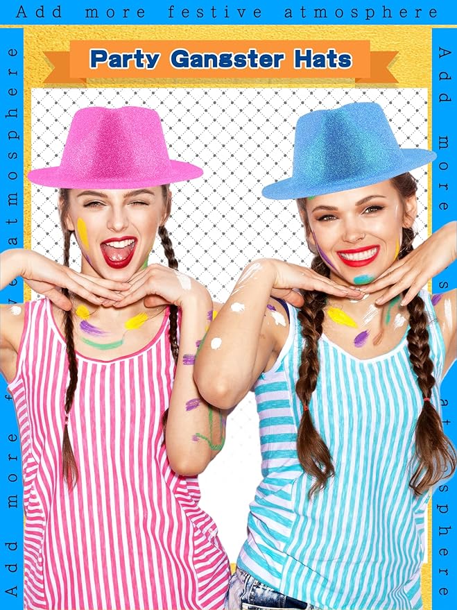 24 Pcs Neon Party Hats Bulk Plastic Fedora Party Hats Glitter Party Gangster Hats for Adult Kids Party Supplies