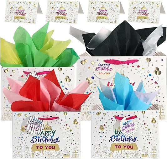 suosicn Birthday Gift Bag with Handle and Tissue Paper, Birthday Gift Bags Assorted Sizes 2 Small 8.3" 1 Medium 10.3" 1 Large 12.8" (4 Golden Birthday Cake Gift Bag)