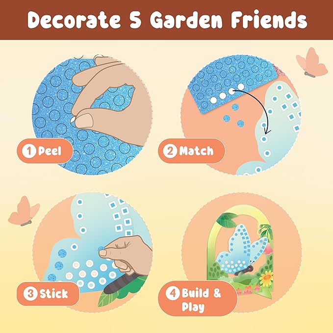 BINCA Foam Sticker Mosaic Art Activity, 750+ 3D Glitter Foam Stickers, 5 Garden Animals with Display Arch, Christmas Stocking Stuffers, DIY Mess-Free Activities, Gifts for Boys & Girls Ages 5,6,7,8