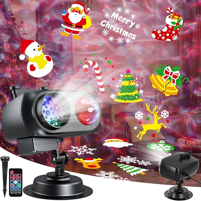 Christmas Halloween Projector Lights Outdoor，LED Projector Lights,2-in-1 Dual Projection System with 10 Slides，15W Brighter HD Ocean Wave Effect,Waterproof for Indoor/Outdoor Decor, Home Party.