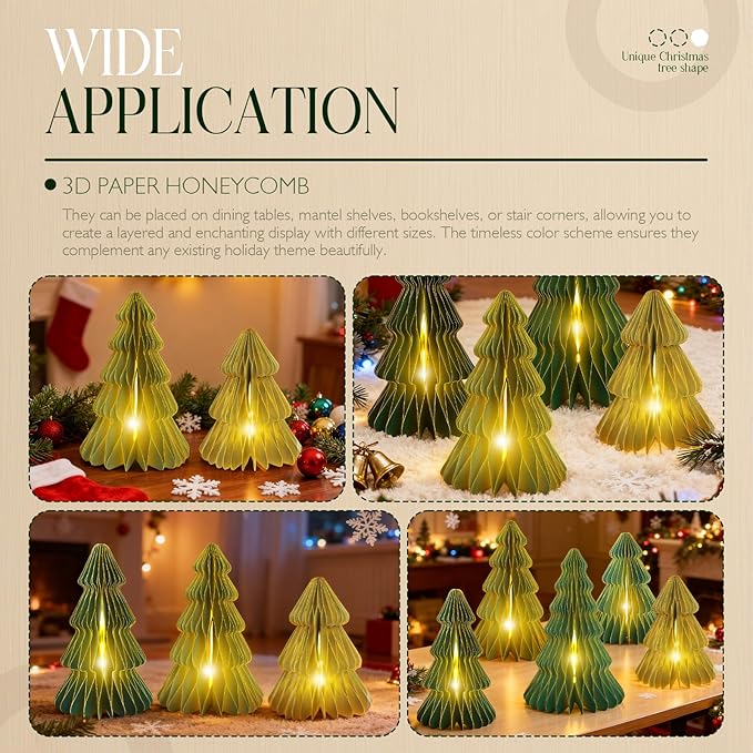5Pcs Large Green Christmas Table Decorations Paper Christmas Trees, Light Up Honeycomb Xmas Tree Centerpieces for Tables, Christmas Frozen Winter Wonderland Party Vintage Home Decor, 12/14/16 Inch