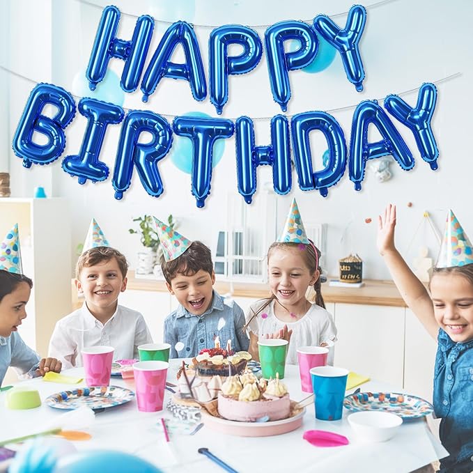 Happy Birthday Balloons Letters Banner, Blue Happy Birthday Bunting Balloon, 16 Inch Self Inflating Birthday Mylar Foil Balloons Banner with Ribbon for Boys Men Birthday Party Decorations Supplies