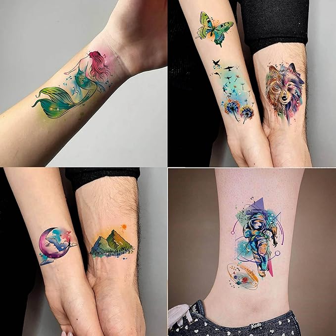 60 Sheets 3D Watercolor Temporary Tattoos For Women Men Adults, Groovy Realistic Blue Eagle Dragon Fake Tattoo Stickers Body Arm, Wolf Tiger Lion Skull Moon Colorful Fake Tattoo Halloween Snake Anchor