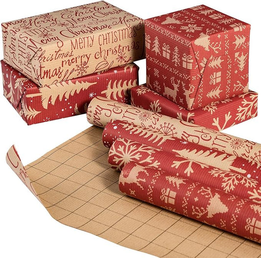 RUSPEPA Christmas Kraft Wrapping Paper Roll - Red Reindeer, Snowflake, Christmas Tree and Text Design - 17 inches x 10 feet per Roll, Total of 4 Rolls