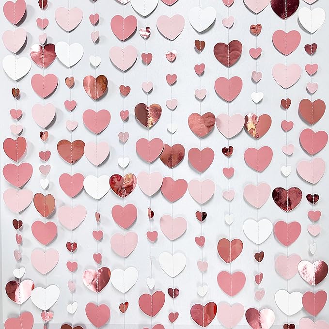 Rose Gold Party Decorations Dusty Pink Heart Garland Blush Pink Hanging Paper Streamer for Valentines Day Bridal Shower Birthday Anniversary Baby Shower Engagement Bachelorette Wedding Party Supplies