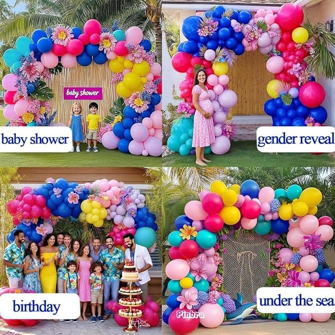 Hot Pink Blue Yellow Balloon Garland, Double Stuffed Royal Blue Fuchsia Pink Teal Lavender Balloons Pastel Lilac Yellow Balloon Arch Kit for Tropical Hawaii Aloha Luau Encanto Summer Party Decorations