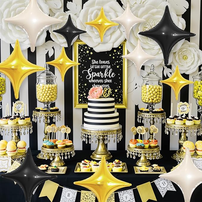 Black White Gold Star Balloons,12Pcs Four Angle Star Foil Balloons,26Inch and 10Inch Black Cream White Quadrangle Helium Balloon for Birthday Baby Shower Anniversary Party Decorations