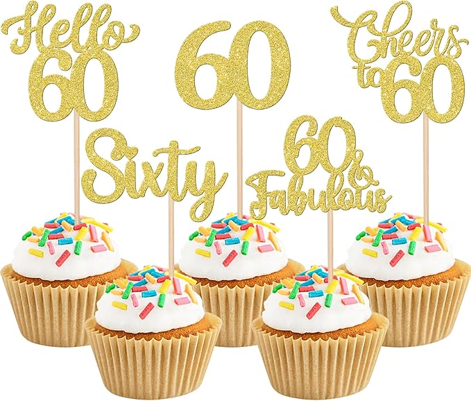30PCS Happy 60th Birthday Cupcake Toppers Glitter Hello 60 Fabulous Sixty Cheers to 60 Years Old Birthday Cupcake Picks for Happy 60th Birthday Anniversary Party Cake Decorations Supplies Gold