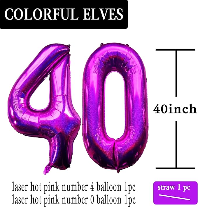 Laser Hot Pink Number 40 Balloons 40 Inch Giant Number Pink 40 Foil Mylar Balloons for 40th Birthday Anniversary Events Party Decorations