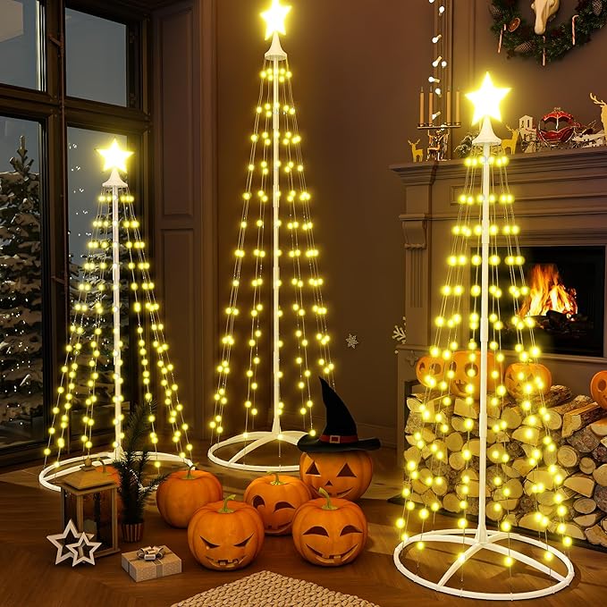 Lamerge 3pcs Christmas Cone Tree Lights(4ft+5ft+6ft), Christmas Tree Decorations Light Up Tree, 448 Warm Lights,Artificial Christmas Decorations for Indoor Outdoor Holiday Party Decor