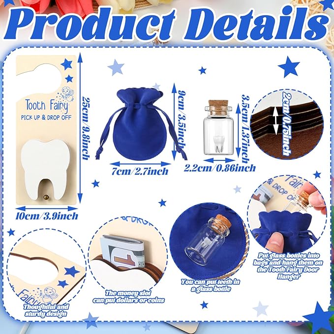 Tooth Fairy Holder Bag Door Hanger with Money Slot Keepsake Bottle Velvet Pouch Teeth Fairy Box Encourage Gift for Lost Teeth Boy Girl Milk (Classic,Dark Blue)