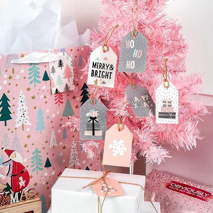 WRAPAHOLIC Christmas Wrapping Paper Set - Rustic Kraft Pink and Grey Christmas Kraft Wrapping Paper Bundle with Gift Bow & Ribbon & Tag & Sticker, Perfect for Birthday, Holiday, Party