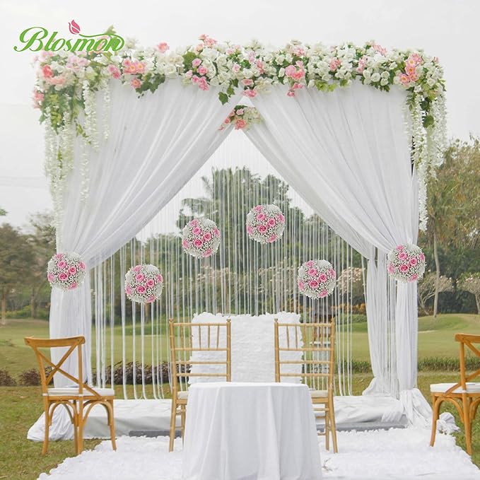 BLOSMON Flowers Balls Wedding Centerpiece: 10 Pcs Pink Rose Babys Breath Artificial Flowers for Table Decorations Silk Kissing Floral Bouquet Arrangements for Home Party DIY Decor