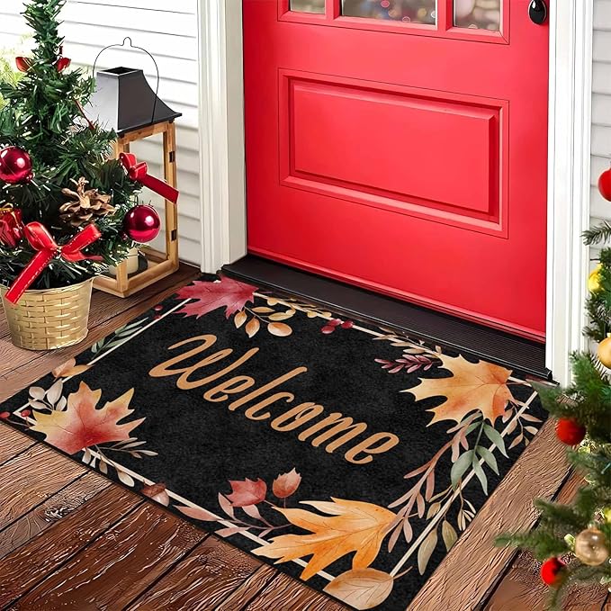 Fall Welcome Maple Leafs Decorative Door Mat, Autumn Thanksgiving Doormat for Indoor Outdoor Entrance Floor Mats,Fall Pumpkins Non Slip Harvest Vintage Decor Rubber Welcome Mats 16" x 24" Inch