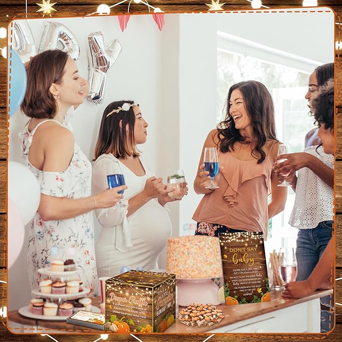 102 Pcs Fall Thanksgiving Baby Shower Game Supplies Diaper Raffle Tickets with Diaper Raffle Card Box Don't Say Baby Sign Mini Fall Pumpkin Clothespin Game Decor for Gender Reveal Favor