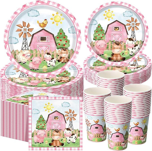250 Pcs Farm Animals Themed Party Decorations Barn Animal Paper Plates Cups and Napkins Disposable Pink Barnyard Farm Tableware Set for Birthday Baby Shower Party Supplies, Serves 50
