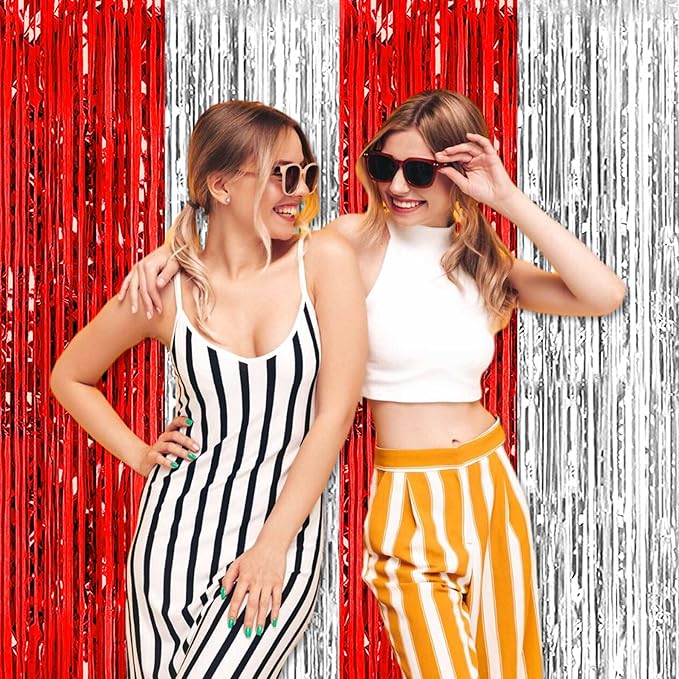 3 Pack Red and Silver Foil Fringe Curtains Backdrop, 3.28 x 8.2 Ft Metallic Streamers Tinsel Curtains Background for Photo Booth, Birthday, Christmas, Halloween, New Year Party Decorations