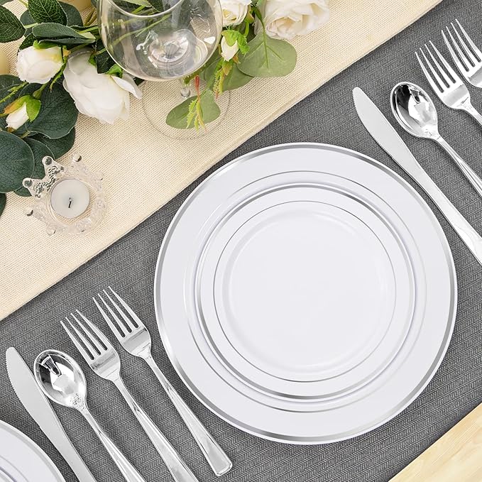 FLOWERCAT 60PCS Silver Plastic Plates - Heavy Duty White and Silver Plastic Plates Disposable - Include 30PCS 10.25inch Dinner Plates and 30PCS 7.5inch Dessert Plates for Wedding&New Year&Christmas