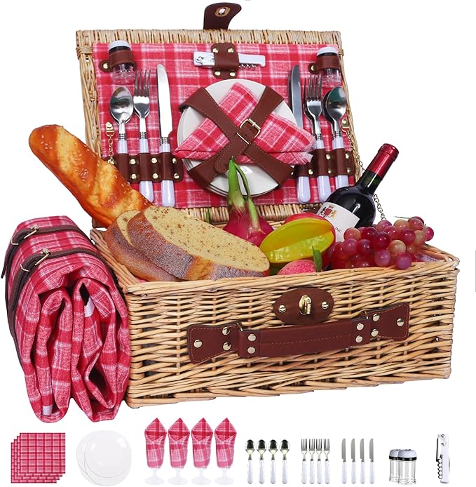 Picnic Baskets Wicker Willow Picnic Set for 4 Persons with Insulated Cooler Bag and Waterproof Picnic Blanket