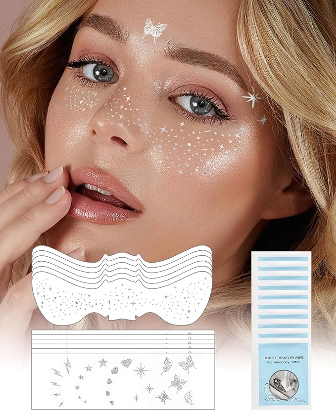 Glitter Freckles Face Tattoo Patches - 12PCS Temporary Sparkle Face Stickers with 10 Remover Wipes | Waterproof Festival Rave Party Makeup Accessories for Women Girls (Silver)