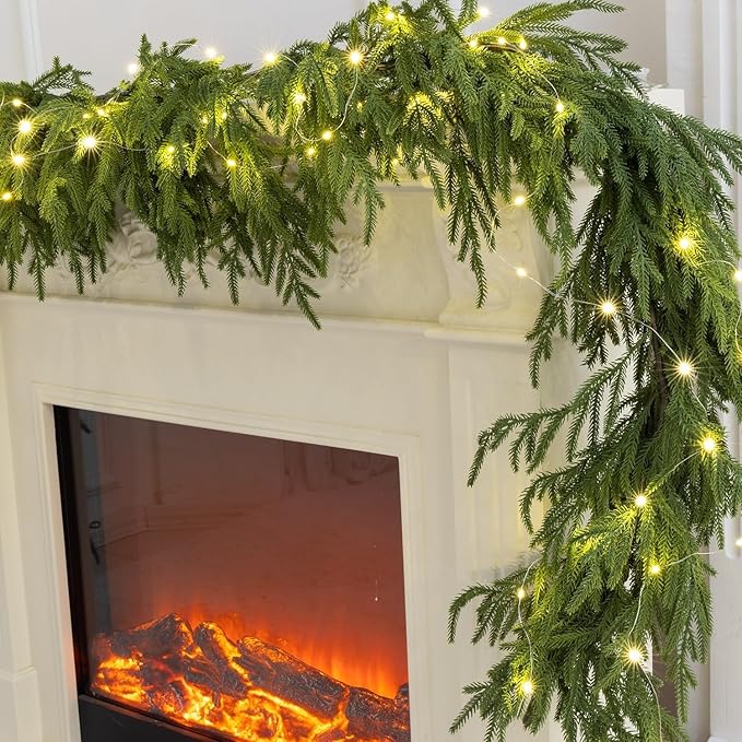 Premium 30% Fuller 2Pack 6 Ft Artificial Norfolk Pine Garlands with Lights, Real Touch Winter Pine Garland, for Staircase, Table, Mantle, Wall, Indoor, Outdoor Christmas Decorations, Flower Arranging
