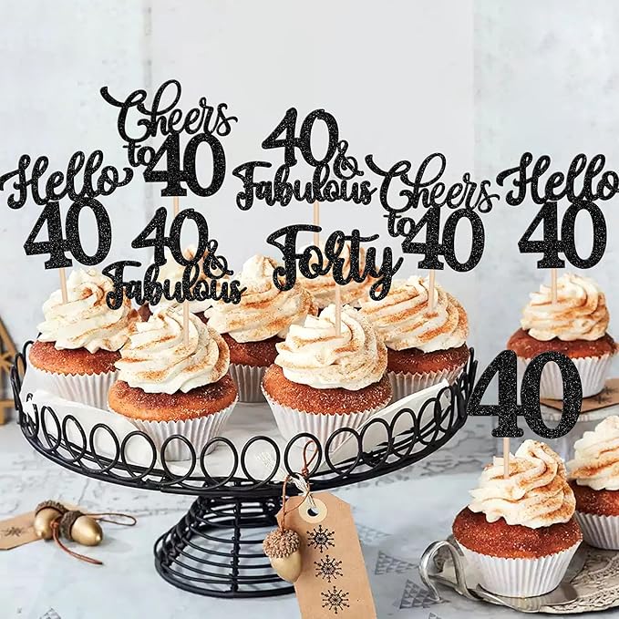 30PCS Happy 40th Birthday Cupcake Toppers Glitter Hello 40 Fabulous Forty Cheers to 40 Years Old Birthday Cupcake Picks for Happy 40th Birthday Anniversary Party Cake Decorations Supplies Black